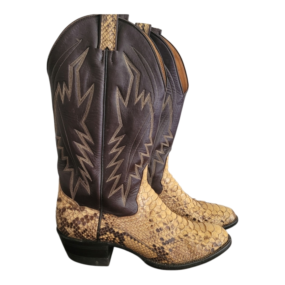 Vtg. Panhandle Slim Handmade Brown and Tan Snakeskin Cowboy Boots Sz 10